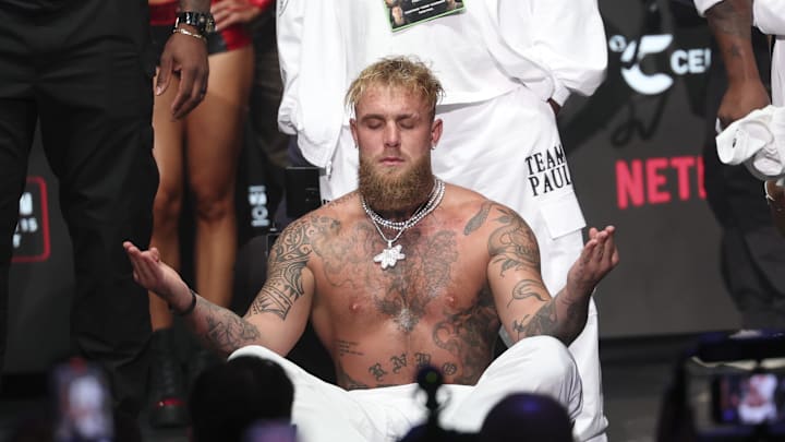 Nov 14, 2024; Irving, TX, USA;  Jake Paul weighs in the day before his fight against Mike Tyson at the Toyota Music Factory.  Mandatory Credit: Kevin Jairaj-Imagn Images