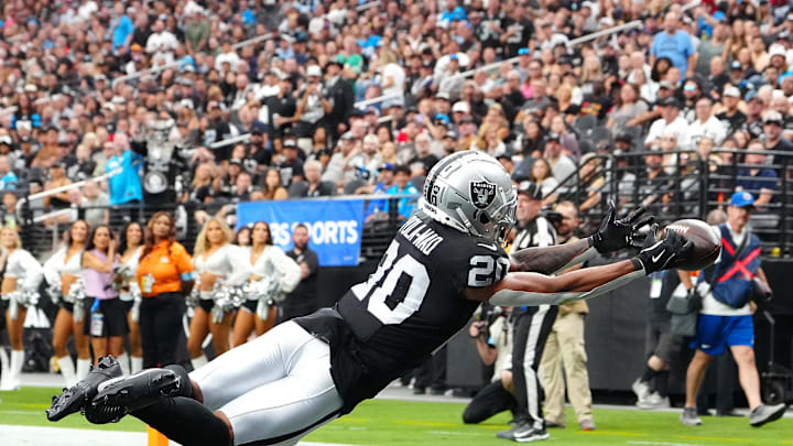 Sep 22, 2024; Paradise, Nevada, USA; Las Vegas Raiders safety Isaiah Pola-Mao (20) attempts to intercept a pass made by Carolina Panthers quarterback Andy Dalton (14) during the fourth quarter at Allegiant Stadium. Mandatory Credit: Stephen R. Sylvanie-Imagn Images