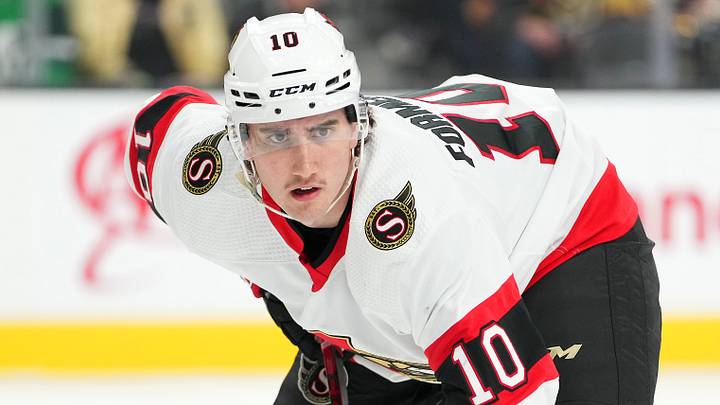 Mar 6, 2022; Las Vegas, Nevada, USA; Ottawa Senators left wing Alex Formenton (10) is pictured during a face off against the Vegas Golden Knights in the first period at T-Mobile Arena. Mandatory Credit: Stephen R. Sylvanie-USA TODAY Sports