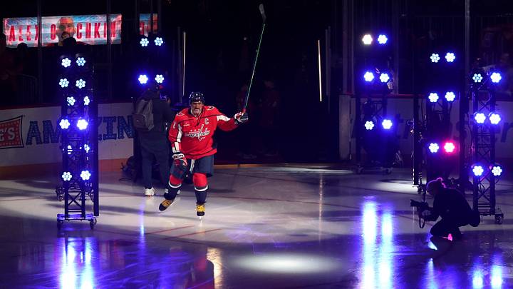 Oct 7, 2026; Washington, District of Columbia, USA; Washington Capitals left wing Alex Ovechkin (8) is introduced on the final opening night of his career prior to the Capitals' game against the Pittsburgh Penguins at Capital One Arena. Mandatory Credit: Geoff Burke-Imagn Images Oct 7, 2026; Washington, District of Columbia, USA; Washington Capitals left wing Alex Ovechkin (8) is introduced on the final opening night of his career prior to the Capitals' game against the Pittsburgh Penguins at Capital One Arena. Mandatory Credit: Geoff Burke-Imagn Images