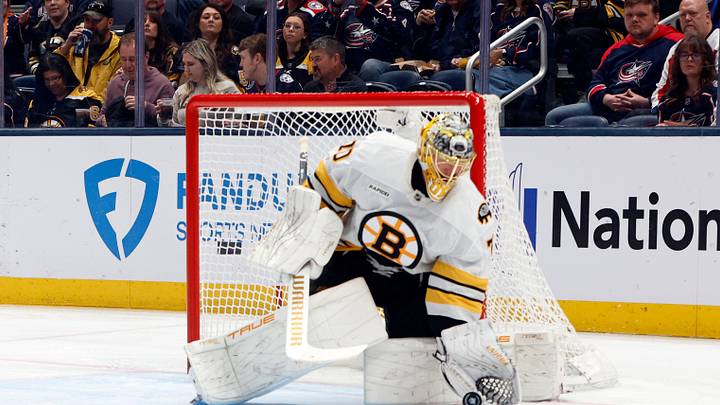 Apr 12, 2026; Columbus, Ohio, USA; Boston Bruins goalie Joonas Korpisalo (70) makes a glove save against the Columbus Blue Jackets during the first period at Nationwide Arena. Mandatory Credit: Russell LaBounty-Imagn Images