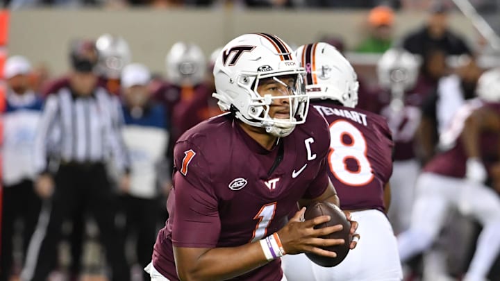 Oct 24, 2025; Blacksburg, Va.; Virginia Tech quarterback Kyron Drones (1) looks to pass against California.
