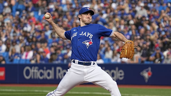 Toronto Blue Jays pitcher Ross Stripling (48) pitches against the Boston Red Sox during the first inning at Rogers Centre in 2022.