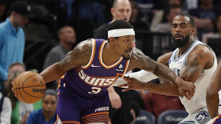 Apr 14, 2024; Minneapolis, Minnesota, USA; Phoenix Suns guard Bradley Beal (3) works around
