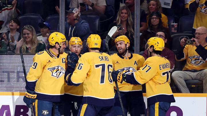Apr 11, 2026; Nashville, Tennessee, USA; The Nashville Predators celebrate a goal by Nashville Predators center Steven Stamkos (91) during the first period of their game against the Minnesota Wild at Bridgestone Arena. Mandatory Credit: Alan Poizner-Imagn Images Apr 11, 2026; Nashville, Tennessee, USA; The Nashville Predators celebrate a goal by Nashville Predators center Steven Stamkos (91) during the first period of their game against the Minnesota Wild at Bridgestone Arena. Mandatory Credit: Alan Poizner-Imagn Images