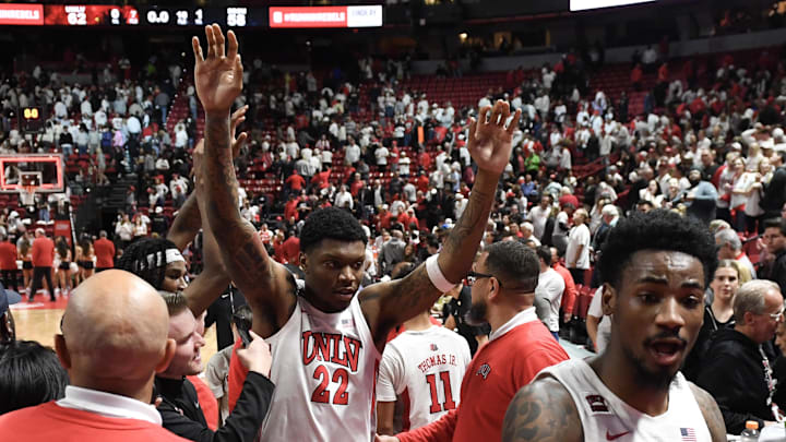 Mar 5, 2024; Las Vegas, Nevada, USA; UNLV Rebels forward Karl Jones (22) celebrates the win over San