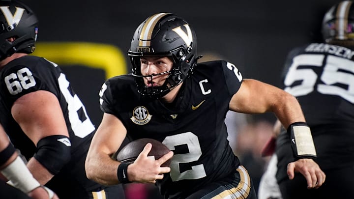 Vanderbilt quarterback Diego Pavia (2) runs the ball against Ball State during the fourth quarter at FirstBank Stadium in Nashville, Tenn.