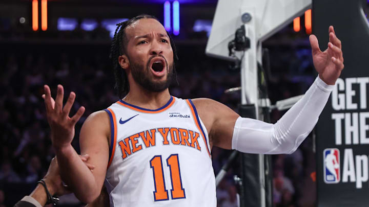 Nov 12, 2025; New York, New York, USA;  New York Knicks guard Jalen Brunson (11) reacts after getting called for a foul in the first quarter against the Orlando Magic at Madison Square Garden. Mandatory Credit: Wendell Cruz-Imagn Images