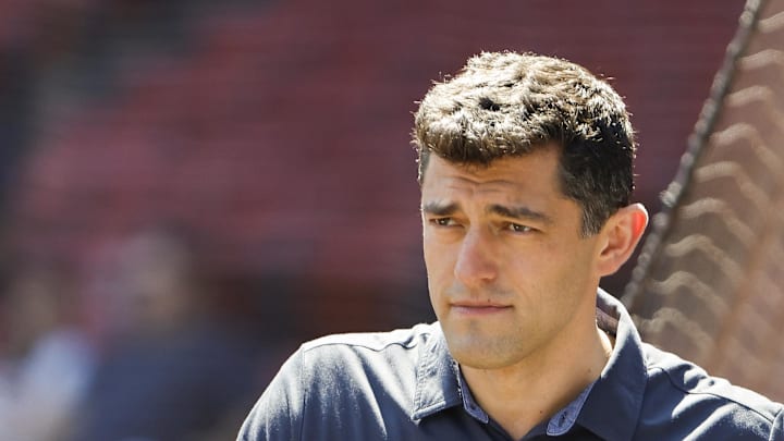 Aug 28, 2022; Boston, Massachusetts, USA; Chaim Bloom, Chief Baseball Officer of the Boston Red Sox on the field before the game between the Boston Red Sox and the Tampa Bay Rays at Fenway Park. Mandatory Credit: Winslow Townson-Imagn Images