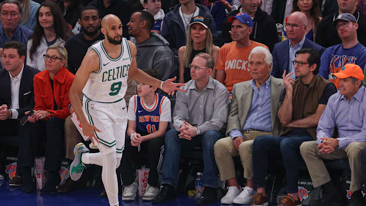May 12, 2025; New York, New York, USA; Boston Celtics guard Derrick White (9) celebrates after making a three point basket in the first half during game four of the second round for the 2025 NBA Playoffs against the New York Knicks at Madison Square Garden. Mandatory Credit: Vincent Carchietta-Imagn Images May 12, 2025; New York, New York, USA; Boston Celtics guard Derrick White (9) celebrates after making a three point basket in the first half during game four of the second round for the 2025 NBA Playoffs against the New York Knicks at Madison Square Garden. Mandatory Credit: Vincent Carchietta-Imagn Images