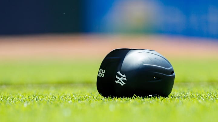 May 21, 2023; Cincinnati, Ohio, USA; The helmet of New York Yankees third baseman DJ LeMahieu (26) during the fifth inning against the Cincinnati Reds at Great American Ball Park. Mandatory Credit: Katie Stratman-Imagn Images