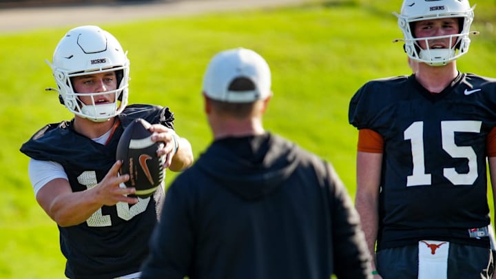 Texas Longhorns quarterback, Arch Manning during his first practice of the spring season on Tuesday, March 25, 2025. Texas Longhorns quarterback, Arch Manning during his first practice of the spring season on Tuesday, March 25, 2025.