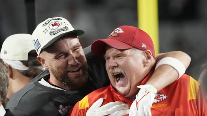Feb. 12, 2023: Andy Reid and Travis Kelce celebrate the Kansas City Chiefs' win over the