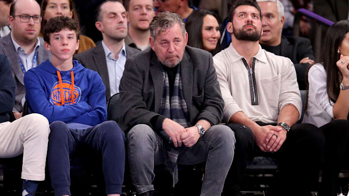 Oct 14, 2023; New York, New York, USA; New York Knicks executive chairman James Dolan watches during the second quarter against the Minnesota Timberwolves at Madison Square Garden. Mandatory Credit: Brad Penner-Imagn Images