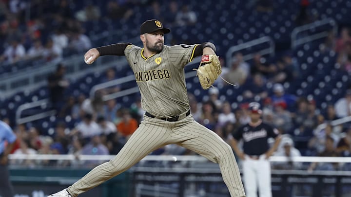 Jul 24, 2024; Washington, District of Columbia, USA; San Diego Padres pitcher Matt Waldron (61) pitches against the Washington Nationals during the sixth inning at Nationals Park. Mandatory Credit: Geoff Burke-Imagn Images