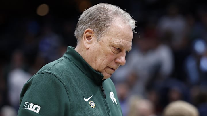 Mar 27, 2026; Washington, DC, USA; Michigan State Spartans head coach Tom Izzo reacts in the first half during a Sweet Sixteen game of the East Regional of the men's 2026 NCAA Tournament at Capital One Arena. Mandatory Credit: Amber Searls-Imagn Images
