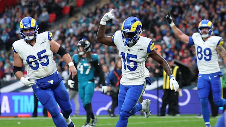 [US, Mexico & Canada customers only] Oct 19, 2025; London, United Kingdom; Los Angeles Rams wide receiver Konata Mumpfield (15) reacts after scoring a touchdown against the Jacksonville Jaguars during the first half during a NFL International Series game at Wembley Stadium. Mandatory Credit: Andrew Boyers-Reuters via Imagn Images