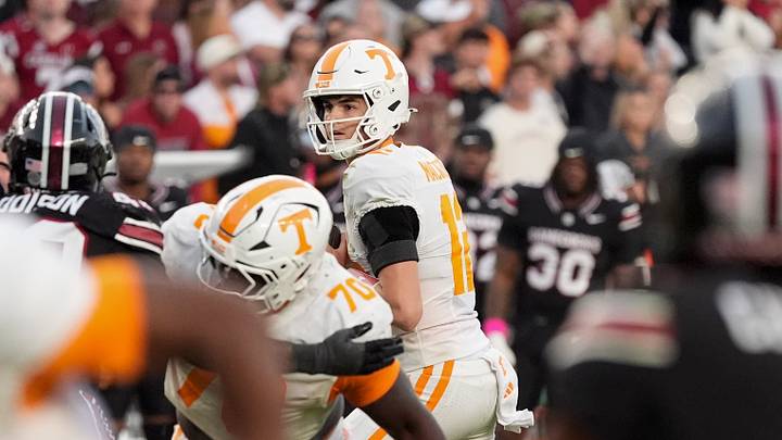 Oct 24, 2026; Columbia, South Carolina, USA; Tennessee Volunteers quarterback George MacIntyre (12) looks to throw during the second half against the South Carolina Gamecocks at Williams-Brice Stadium. Mandatory Credit: Jim Dedmon-Imagn Images Oct 24, 2026; Columbia, South Carolina, USA; Tennessee Volunteers quarterback George MacIntyre (12) looks to throw during the second half against the South Carolina Gamecocks at Williams-Brice Stadium. Mandatory Credit: Jim Dedmon-Imagn Images