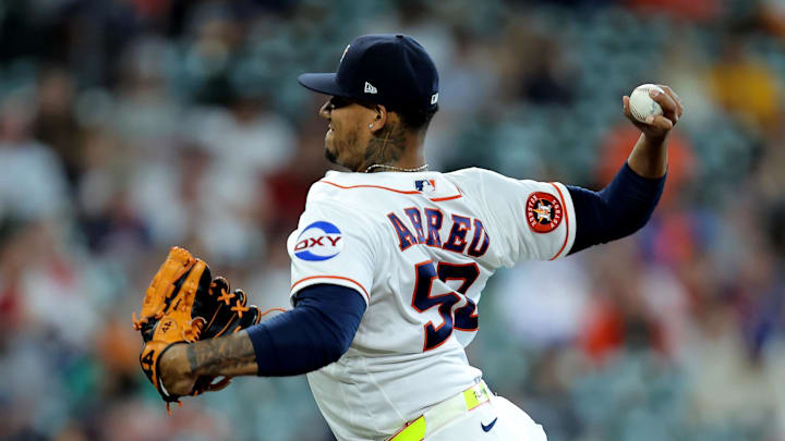 Apr 1, 2026; Houston, Texas, USA; Houston Astros pitcher Bryan Abreu (52) delivers a pitch against the Boston Red Sox during the ninth inning at Daikin Park. Mandatory Credit: Erik Williams-Imagn Images