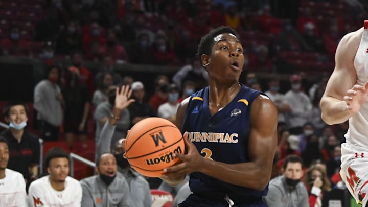 Nov 9, 2021; College Park, Maryland, USA; Quinnipiac Bobcats guard Savion Lewis (3) looks to pass