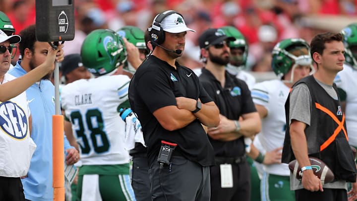 Sep 20, 2025; Oxford, Mississippi, USA; Tulane Green Wave head coach Jon Sumrall looks on during the second quarter against the Mississippi Rebels at Vaught-Hemingway Stadium. Mandatory Credit: Petre Thomas-Imagn Images