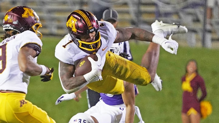 Sep 23, 2023; Evanston, Illinois, USA; Minnesota Golden Gophers running back Darius Taylor (1) leaps
