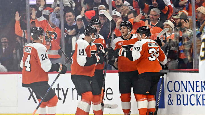 Oct 13, 2025; Philadelphia, Pennsylvania, USA; Philadelphia Flyers right wing Tyson Foerster (71) celebrates his goal with teammates against the Florida Panthers during the first period at Wells Fargo Center. Mandatory Credit: Eric Hartline-Imagn Images