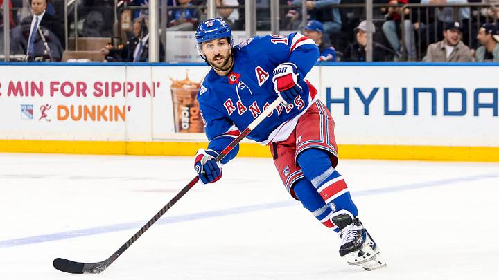 Apr 5, 2026; New York, New York, USA; New York Rangers center Vincent Trocheck (16) skates against the Washington Capitals during the second period at Madison Square Garden. Mandatory Credit: Danny Wild-Imagn Images