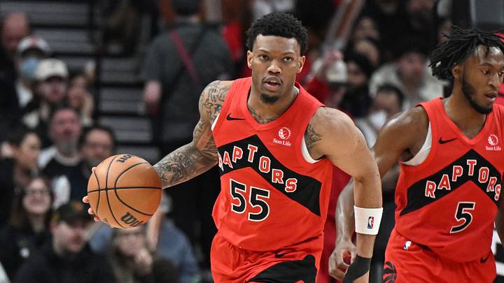 Jan 11, 2026; Toronto, Ontario, CAN; Toronto Raptors guard Alijah Martin (55) brings the ball up court against the Philadelphia 76ers in the second half at Scotiabank Arena. Jan 11, 2026; Toronto, Ontario, CAN; Toronto Raptors guard Alijah Martin (55) brings the ball up court against the Philadelphia 76ers in the second half at Scotiabank Arena.