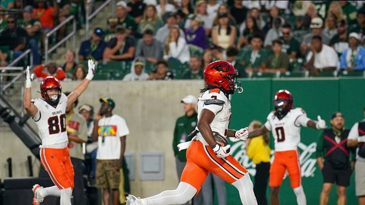 Oct 3, 2026; Fort Collins, Colorado, USA; Oregon State Beavers tight end Eric Olsen (80) and wide receiver Aaron Butler (0) celebrate a touchdown by running back Cornell Hatcher Jr. (3) against the Colorado State Rams in the second half at Sonny Lubick Field at Canvas Stadium. Mandatory Credit: Andrew Rydland-Imagn Images Oct 3, 2026; Fort Collins, Colorado, USA; Oregon State Beavers tight end Eric Olsen (80) and wide receiver Aaron Butler (0) celebrate a touchdown by running back Cornell Hatcher Jr. (3) against the Colorado State Rams in the second half at Sonny Lubick Field at Canvas Stadium. Mandatory Credit: Andrew Rydland-Imagn Images