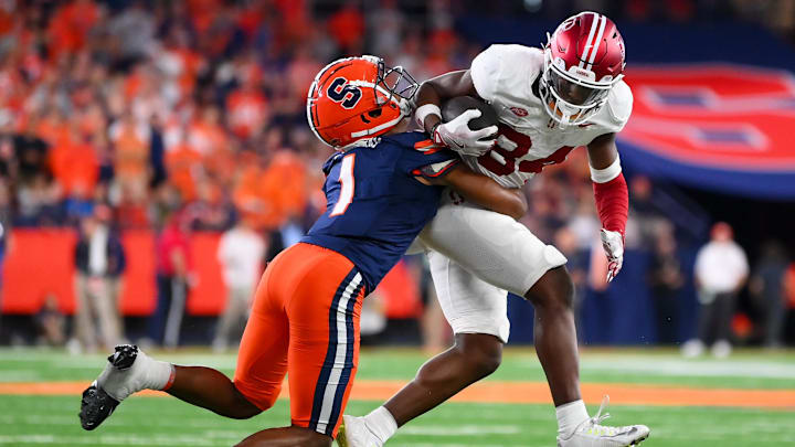 Sep 20, 2024; Syracuse, New York, USA; Syracuse Orange defensive back Jayden Bellamy (1) tackles Stanford Cardinal wide receiver Ismael Cisse (84) during the second half at the JMA Wireless Dome. Mandatory Credit: Rich Barnes-Imagn Images Sep 20, 2024; Syracuse, New York, USA; Syracuse Orange defensive back Jayden Bellamy (1) tackles Stanford Cardinal wide receiver Ismael Cisse (84) during the second half at the JMA Wireless Dome. Mandatory Credit: Rich Barnes-Imagn Images