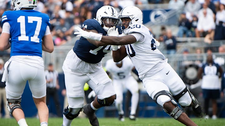 Penn State defensive end Mylachi Williams (20) rushes the quarterback during the Blue-White game at Beaver Stadium on Saturday, April 26, 2025, in State College. The White team defeated the Blue team, 10-8. Penn State defensive end Mylachi Williams (20) rushes the quarterback during the Blue-White game at Beaver Stadium on Saturday, April 26, 2025, in State College. The White team defeated the Blue team, 10-8.