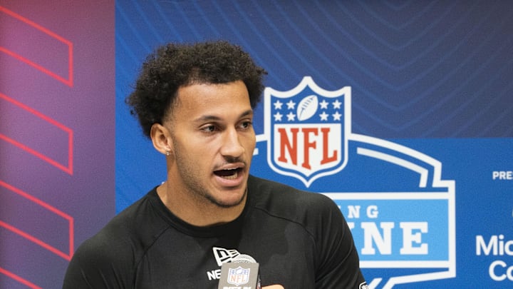 Stanford wideout Elic Ayomanor answers questions at a press conference during the NFL Combine at Indiana Convention Center. Mandatory Credit: Stephanie Amador Blondet-Imagn Images
