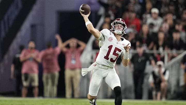 Sep 27, 2025; Athens, Georgia, USA; Alabama Crimson Tide quarterback Ty Simpson (15) throws a pass against the Georgia Bulldogs in the first half at Sanford Stadium. Mandatory Credit: Dale Zanine-Imagn Images Sep 27, 2025; Athens, Georgia, USA; Alabama Crimson Tide quarterback Ty Simpson (15) throws a pass against the Georgia Bulldogs in the first half at Sanford Stadium. Mandatory Credit: Dale Zanine-Imagn Images