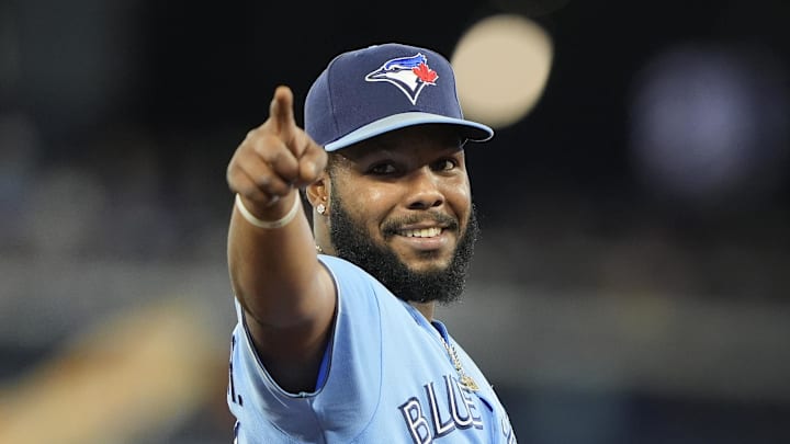Toronto Blue Jays first baseman Vladimir Guerrero Jr. gestures to a fan.