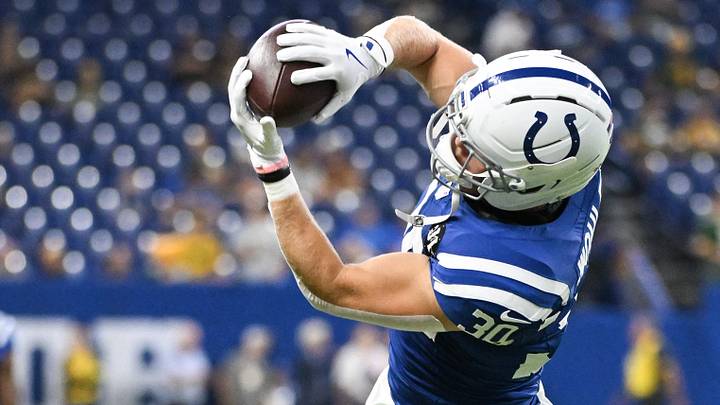 Aug 16, 2025; Indianapolis, Indiana, USA; Indianapolis Colts safety Hunter Wohler (30) catches a pass during warmups prior to the game against the Green Bay Packers at Lucas Oil Stadium. Mandatory Credit: Robert Goddin-Imagn Images