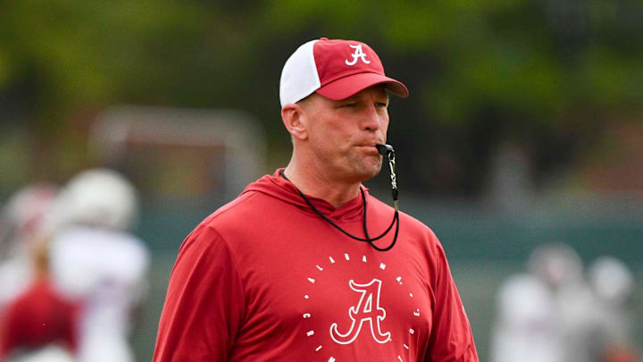 Mar 21, 2024; Tuscaloosa, Alabama, USA; Alabama head coach Kalen DeBoer blows his whistle during practice at the University Alabama Thursday. Mar 21, 2024; Tuscaloosa, Alabama, USA; Alabama head coach Kalen DeBoer blows his whistle during practice at the University Alabama Thursday.