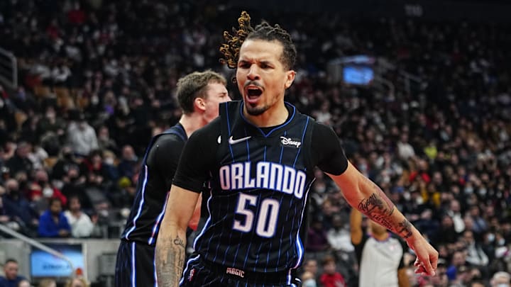 Orlando Magic guard Cole Anthony reacts after a play against the Toronto Raptors during the first half at Scotiabank Arena on March 4, 2022.