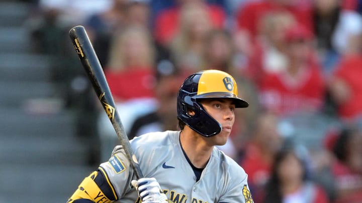 Milwaukee Brewers left fielder Christian Yelich (22) doubles in the third inning against the Los Angeles Angels at Angel Stadium in 2024.