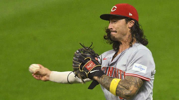 Sep 24, 2024; Cleveland, Ohio, USA; Cincinnati Reds second baseman Jonathan India (6) throws to first base in the third inning against the Cleveland Guardians at Progressive Field. Mandatory Credit: David Richard-Imagn Images