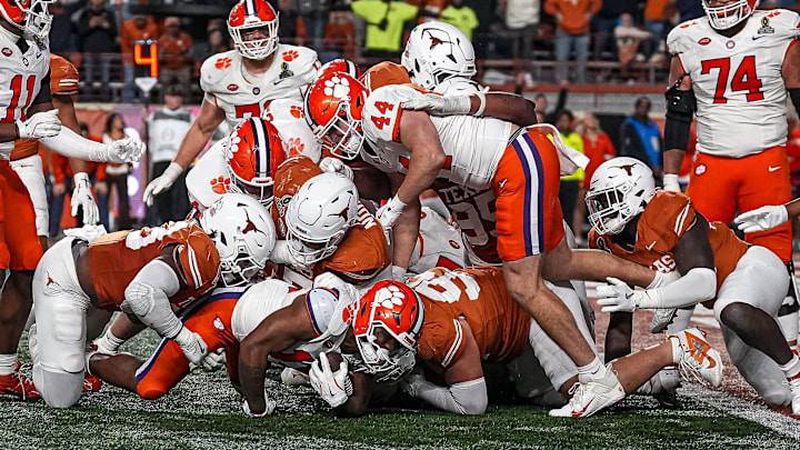 Clemson running back Keith Adams Jr. (19) is stopped on 4th and goal late in the fourth quarter of the game against the Texas Longhorns in the first round of the College Football Playoffs at Darrell K Royal-Texas Memorial Stadium on Saturday, Dec. 21, 2024.