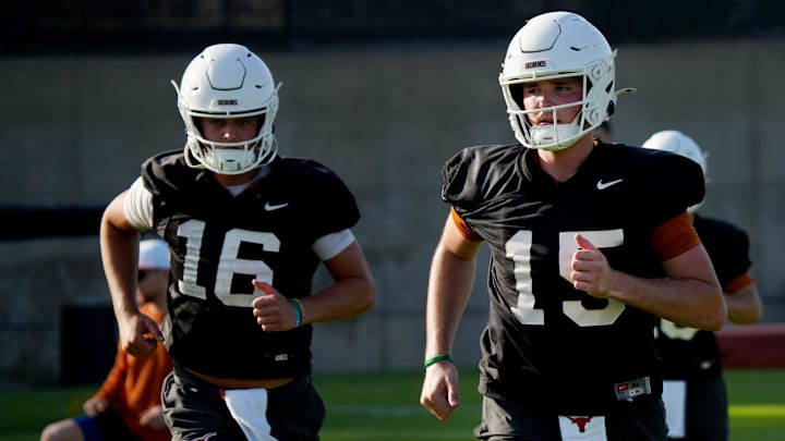 Arch Manning and Trey Owens during his first practice of the spring season on Tuesday, March 25, 2025.