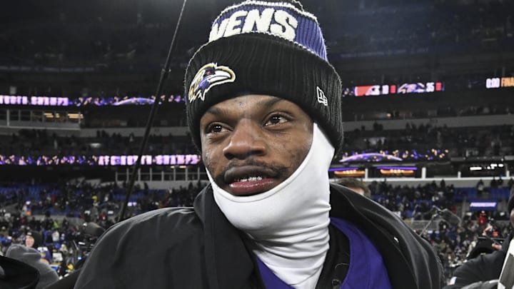 Jan 4, 2025; Baltimore, Maryland, USA; Baltimore Ravens quarterback Lamar Jackson (8) on the field after the game against the Cleveland Browns  at M&T Bank Stadium. Mandatory Credit: Tommy Gilligan-Imagn Images
