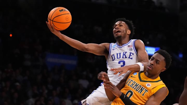 Mar 22, 2024; Brooklyn, NY, USA; Duke basketball guard Jeremy Roach (3) shoots the ball past