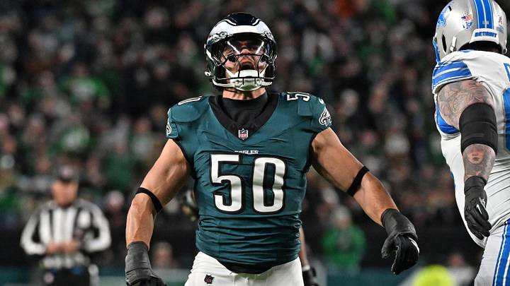 Nov 16, 2025; Philadelphia, Pennsylvania, USA; Philadelphia Eagles linebacker Jaelan Phillips (50) celebrates a sack against the Detroit Lions at Lincoln Financial Field. Mandatory Credit: Eric Hartline-Imagn Images