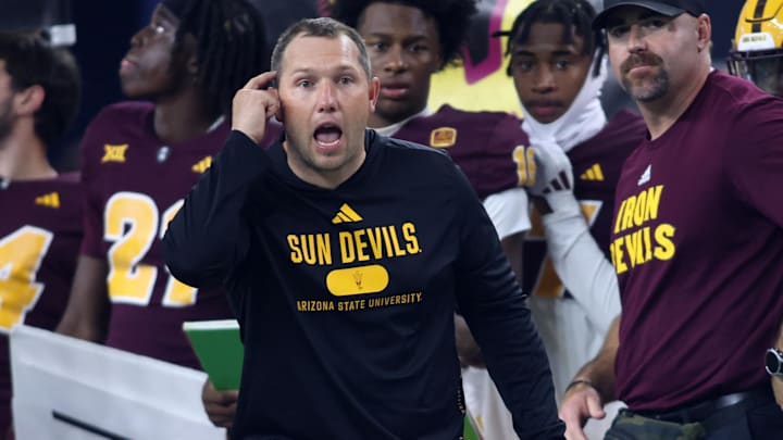 Dec 7, 2024; Arlington, TX, USA; Arizona State Sun Devils head coach Kenny Dillingham yells on the sidelines during the game against the Iowa State Cyclones at AT&T Stadium. Mandatory Credit: Tim Heitman-Imagn Images