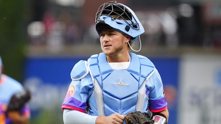 Aug 1, 2025; Denver, Colorado, USA; Colorado Rockies catcher Hunter Goodman (15) during the first inning against the Pittsburgh Pirates at Coors Field. Aug 1, 2025; Denver, Colorado, USA; Colorado Rockies catcher Hunter Goodman (15) during the first inning against the Pittsburgh Pirates at Coors Field.