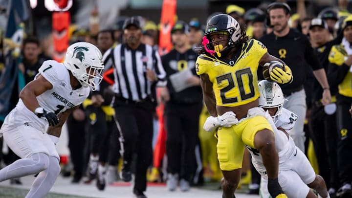 Oregon Ducks running back Jordan James breaks away with the ball as the Ducks host the Spartans Friday, Oct. 4, 2024 at Autzen Stadium in Eugene, Ore. Oregon Ducks running back Jordan James breaks away with the ball as the Ducks host the Spartans Friday, Oct. 4, 2024 at Autzen Stadium in Eugene, Ore.