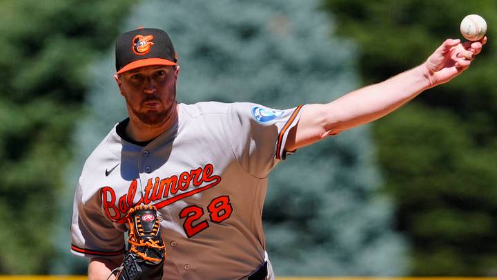 Sep 2, 2026; Denver, Colorado, USA;  Baltimore Orioles starting pitcher Trevor Rogers (28) delivers a pitch in the first inning against the Colorado Rockies at Coors Field.  Mandatory Credit: Ron Chenoy-Imagn Images