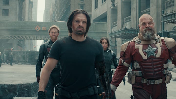 (L-R): John Walker (Wyatt Russell), Bucky Barnes (Sebastian Stan), Ghost (Hannah John-Kamen) and Alexei Shostakov/Red Guardian (David Harbour) in Marvel Studios' THUNDERBOLTS*. Photo courtesy of Marvel Studios. © 2025 MARVEL.